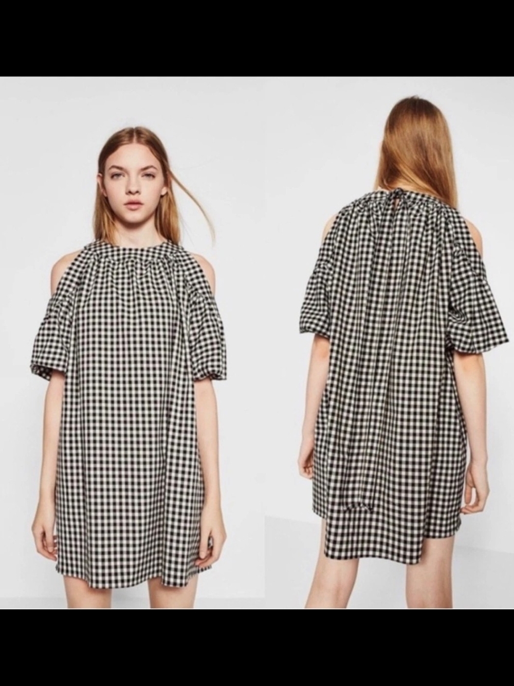 Zara Black & White Gingham Cold-Shoulder Mini Dress Size Small